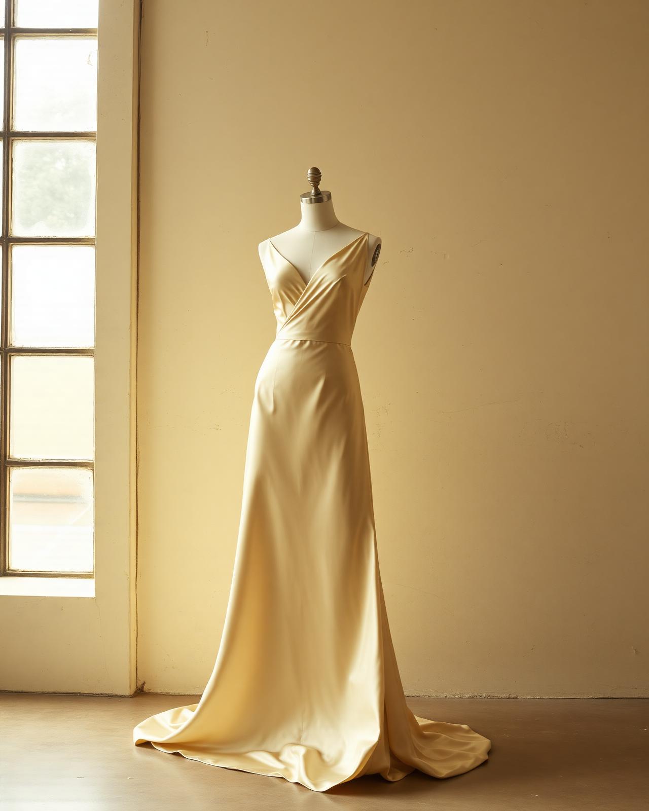 Silk couture gown in a sunlit atelier